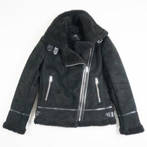 Zara Faux Vegan Suede Shearling Lined Asymmetrical Zip Motorcycle Jacket Coat S